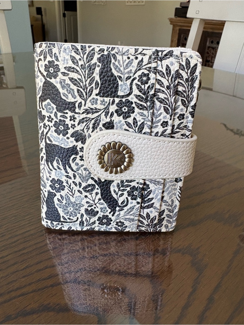White/Gray/Black Floral Cat Print Wallet NWOT